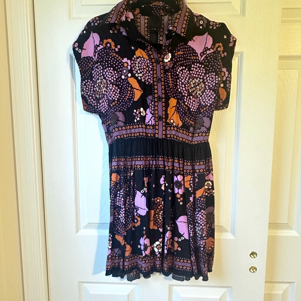 Anna Sui Black Purple and Orange Floral Casual Dress with Smock Waist Fall 2016